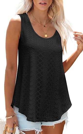 Eyelet Knit Scoop Neck Swing Tank Top - Black - 1