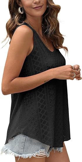 Eyelet Knit Scoop Neck Swing Tank Top - Black - 2