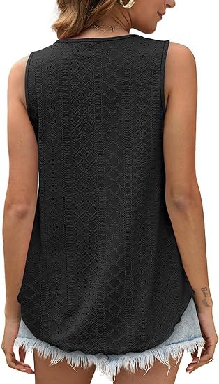 Eyelet Knit Scoop Neck Swing Tank Top - Black - 3