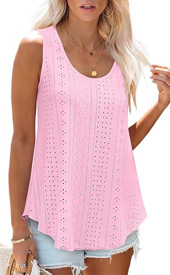 Eyelet Knit Scoop Neck Swing Tank Top - LT-Pink