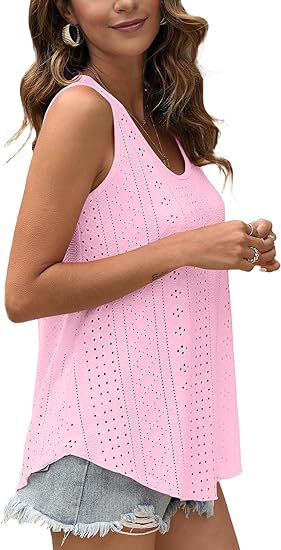 Eyelet Knit Scoop Neck Swing Tank Top - LT-Pink - 1