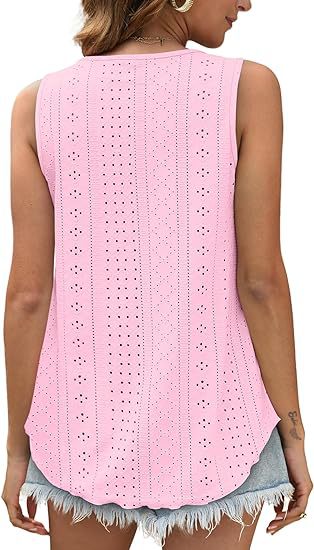 Eyelet Knit Scoop Neck Swing Tank Top - LT-Pink - 2
