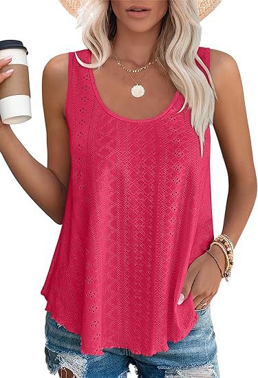 Eyelet Knit Scoop Neck Swing Tank Top - Peach