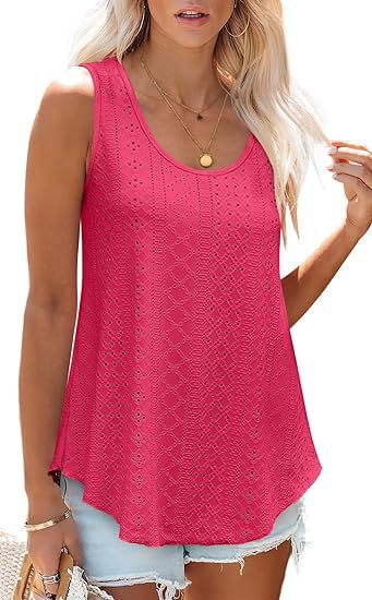 Eyelet Knit Scoop Neck Swing Tank Top - Peach - 1