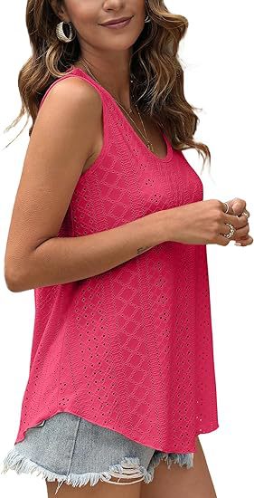 Eyelet Knit Scoop Neck Swing Tank Top - Peach - 2