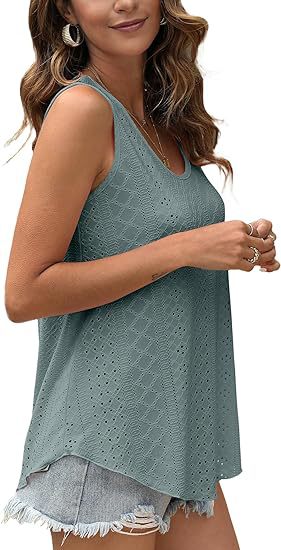 Eyelet Knit Scoop Neck Swing Tank Top - Sage - 1