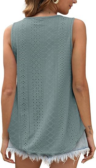 Eyelet Knit Scoop Neck Swing Tank Top - Sage - 2