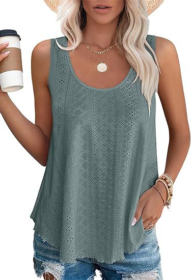 Eyelet Knit Scoop Neck Swing Tank Top - Sage - 3