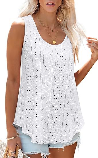 Eyelet Knit Scoop Neck Swing Tank Top - White - 1