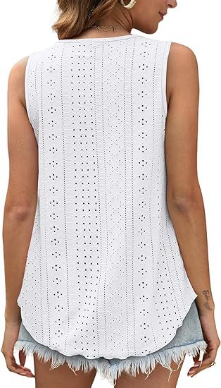 Eyelet Knit Scoop Neck Swing Tank Top - White - 3
