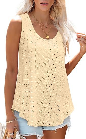 Eyelet Knit Scoop Neck Swing Tank Top - Yellow