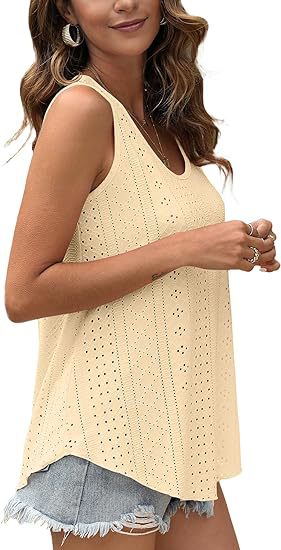 Eyelet Knit Scoop Neck Swing Tank Top - Yellow - 1