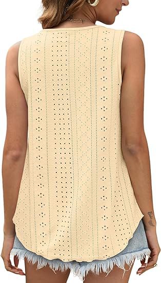 Eyelet Knit Scoop Neck Swing Tank Top - Yellow - 2
