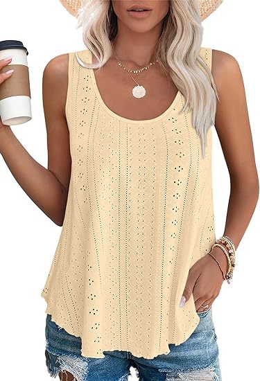 Eyelet Knit Scoop Neck Swing Tank Top - Yellow - 3