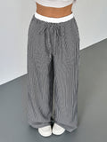 Striped Drawstring Wide Leg Trousers - Black