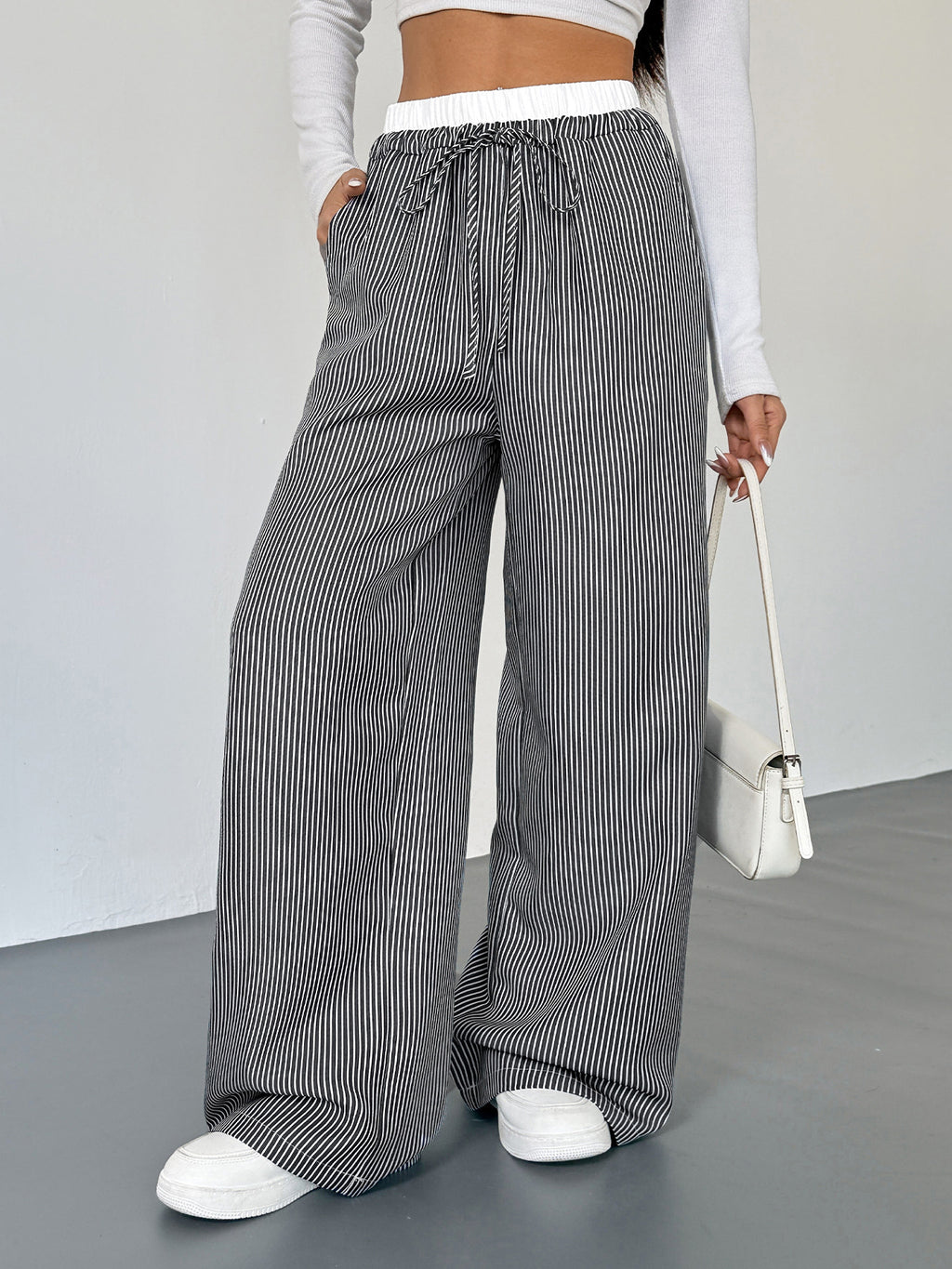 Striped Drawstring Wide Leg Trousers - Black - 1