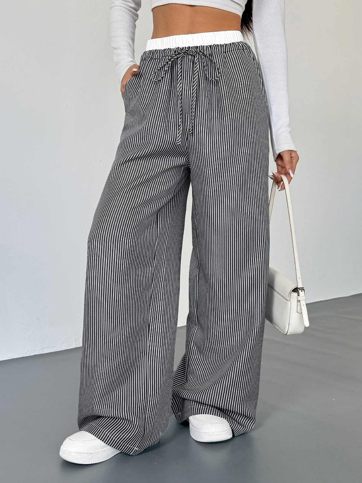 Striped Drawstring Wide Leg Trousers - Black - 1