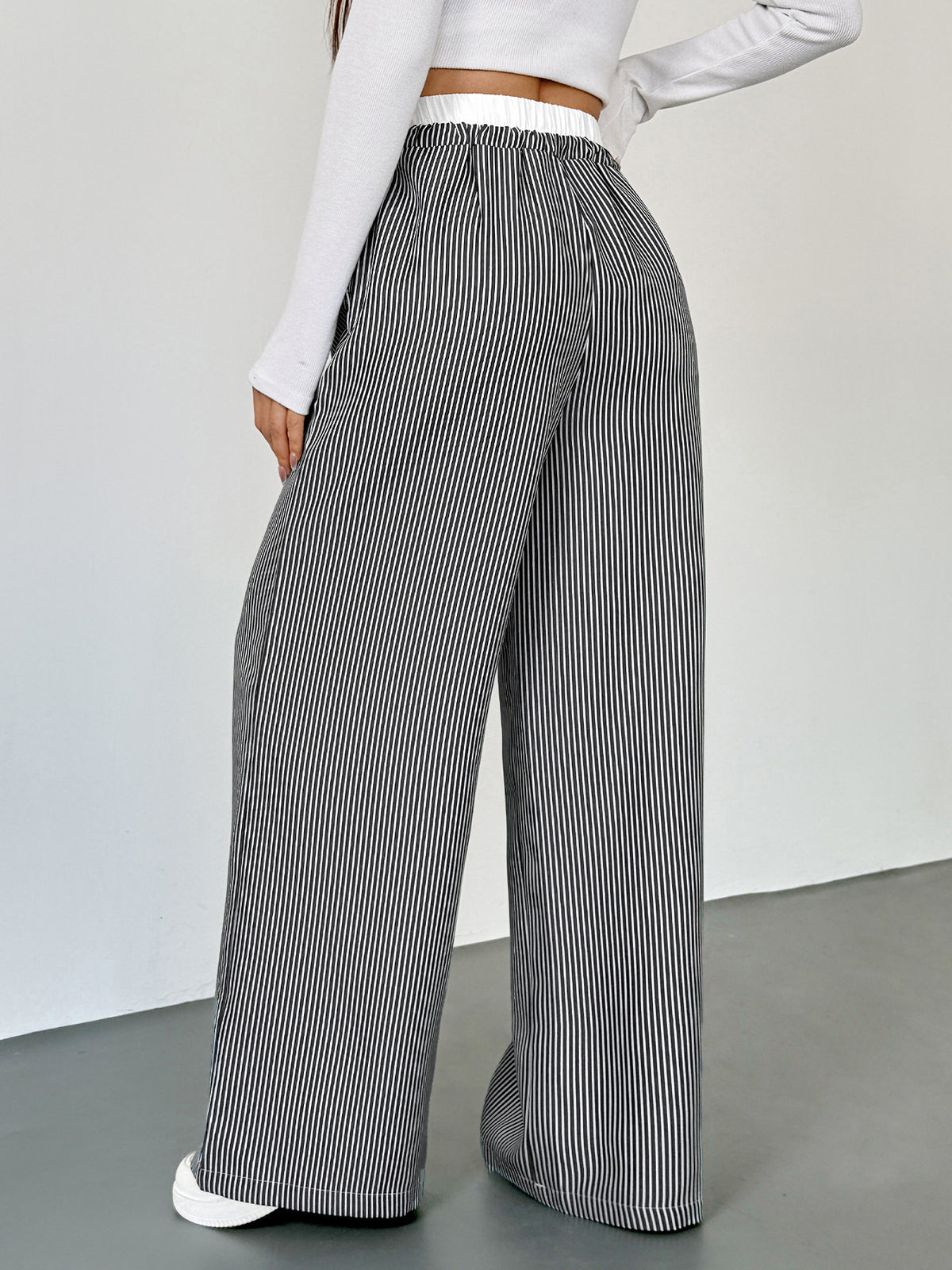 Striped Drawstring Wide Leg Trousers - Black - 2