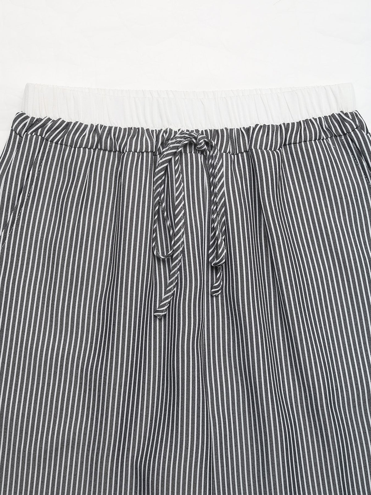 Striped Drawstring Wide Leg Trousers - Black - 4