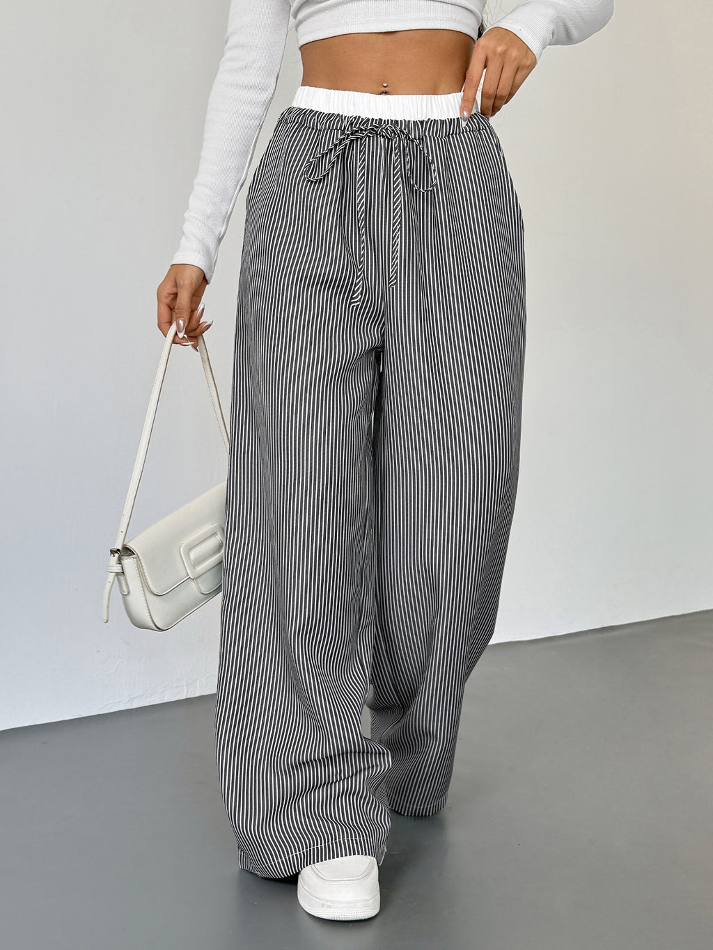 Striped Drawstring Wide Leg Trousers