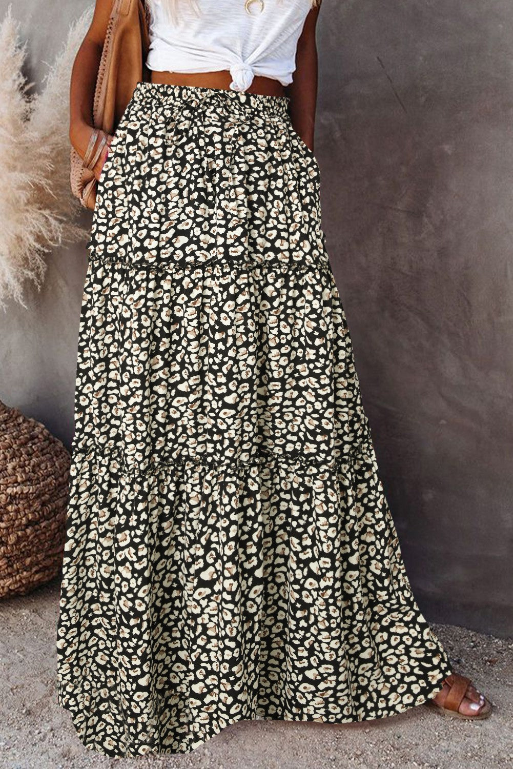 Printed Tiered Maxi Skirt With Elastic Waist - Black