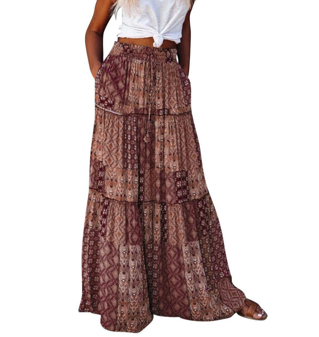Printed Tiered Maxi Skirt With Elastic Waist - Brown