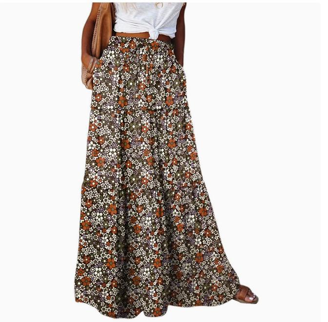 Printed Tiered Maxi Skirt With Elastic Waist - Coffee