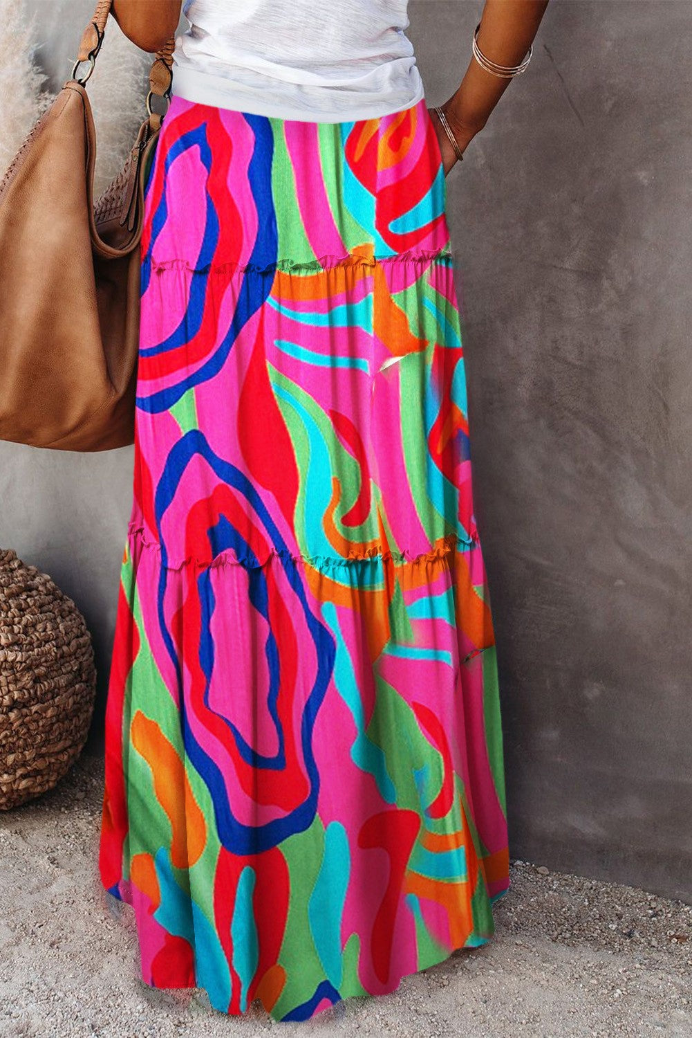 Printed Tiered Maxi Skirt With Elastic Waist - Colour