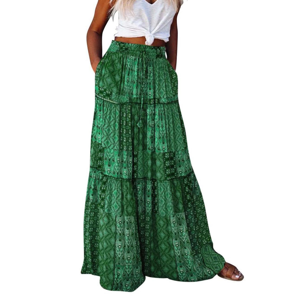Printed Tiered Maxi Skirt With Elastic Waist - DGreen