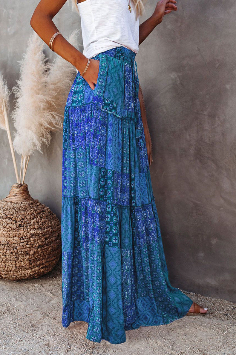 Printed Tiered Maxi Skirt With Elastic Waist - DarkBlue - 1