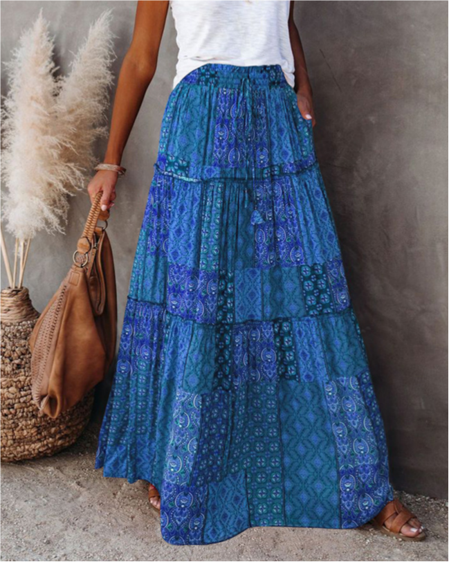 Printed Tiered Maxi Skirt With Elastic Waist - DarkBlue - 2