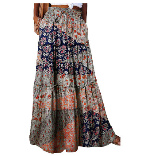 Printed Tiered Maxi Skirt With Elastic Waist - DarkGrey