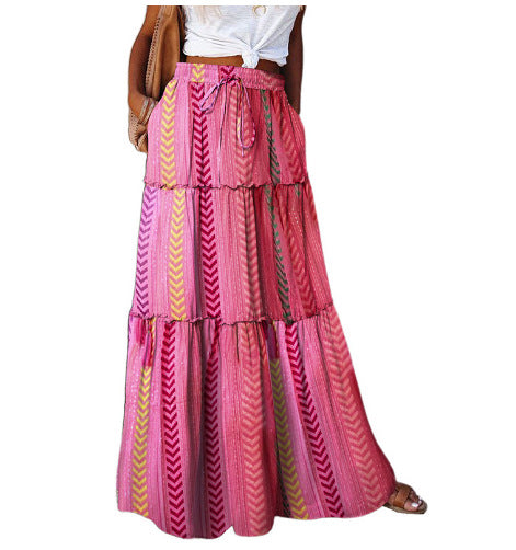 Printed Tiered Maxi Skirt With Elastic Waist - DarkPink