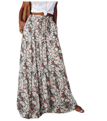 Printed Tiered Maxi Skirt With Elastic Waist - Decor