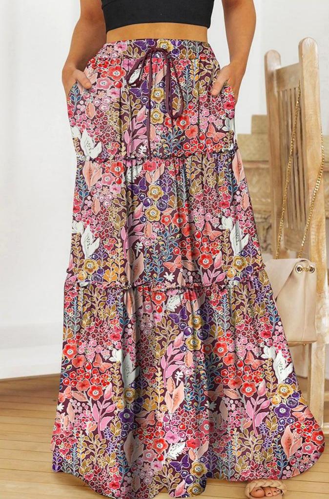 Printed Tiered Maxi Skirt With Elastic Waist - Floral