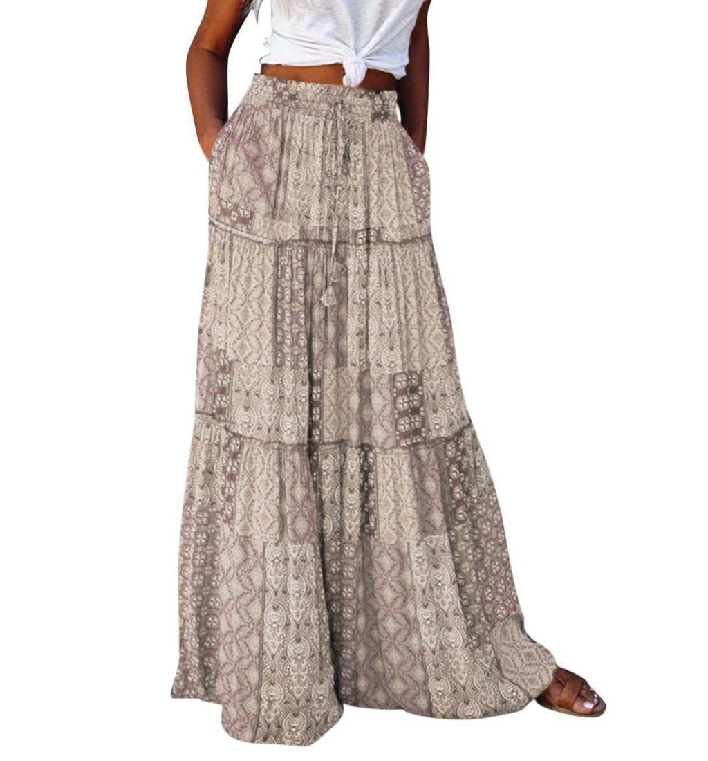 Printed Tiered Maxi Skirt With Elastic Waist - Grey