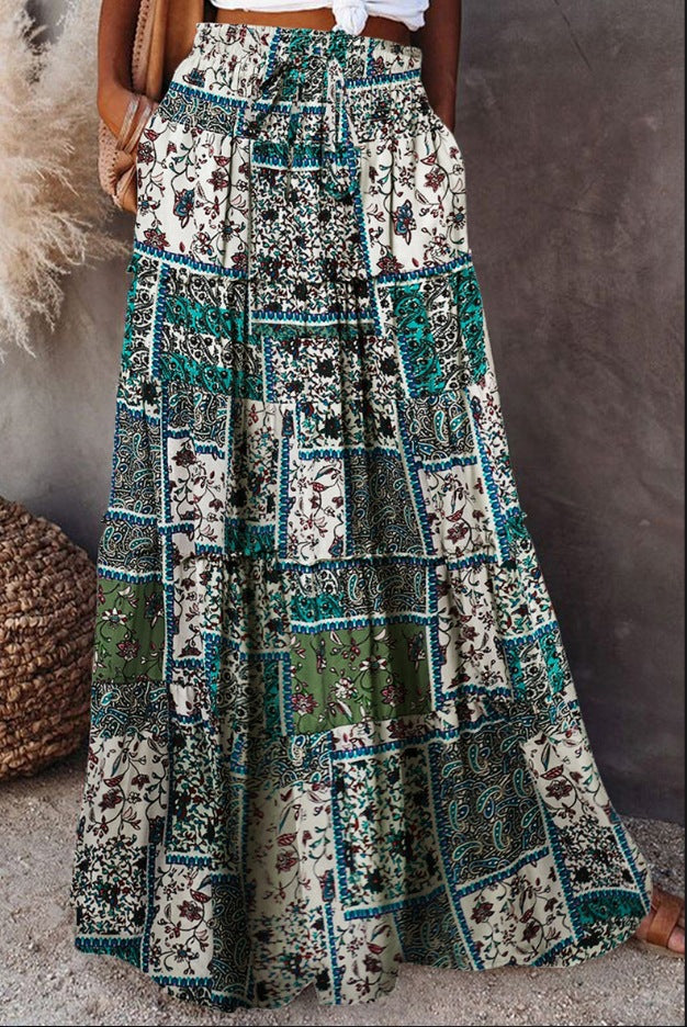 Printed Tiered Maxi Skirt With Elastic Waist - MGreen