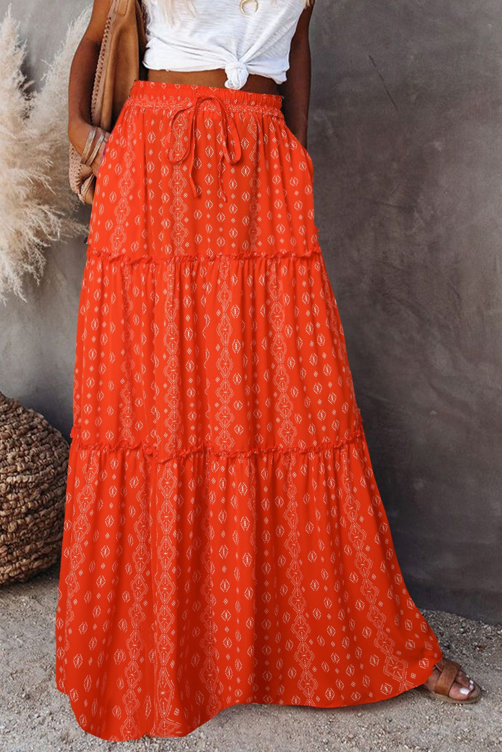 Printed Tiered Maxi Skirt With Elastic Waist - Orange