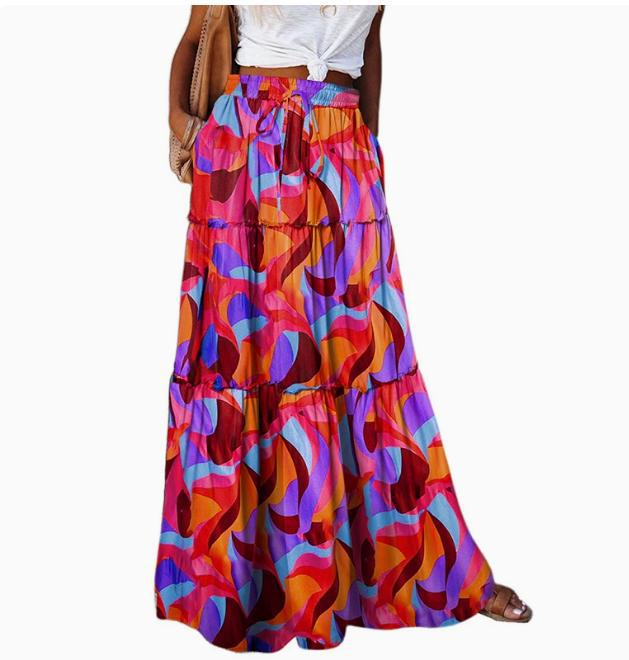 Printed Tiered Maxi Skirt With Elastic Waist - PRed