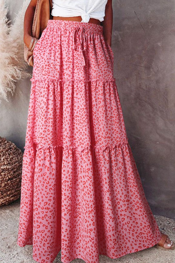 Printed Tiered Maxi Skirt With Elastic Waist - Pink