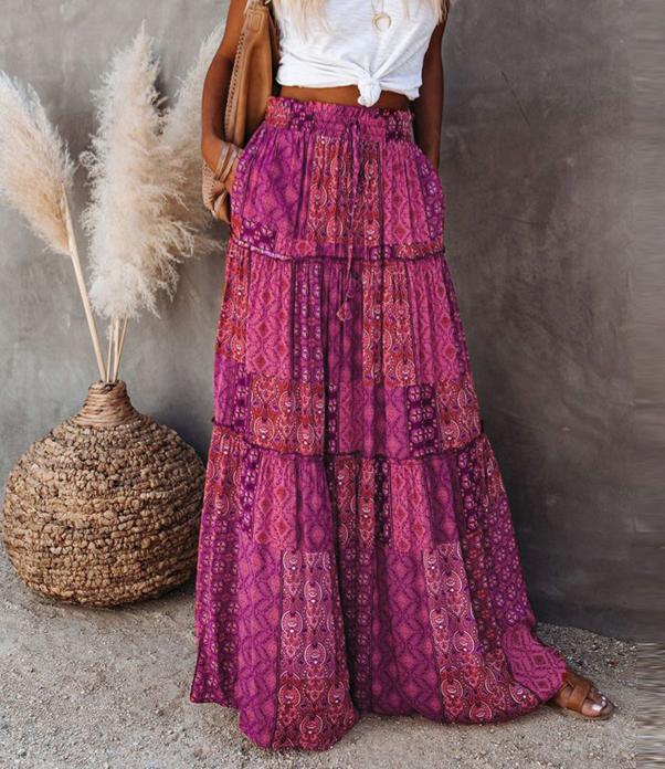 Printed Tiered Maxi Skirt With Elastic Waist - Purple