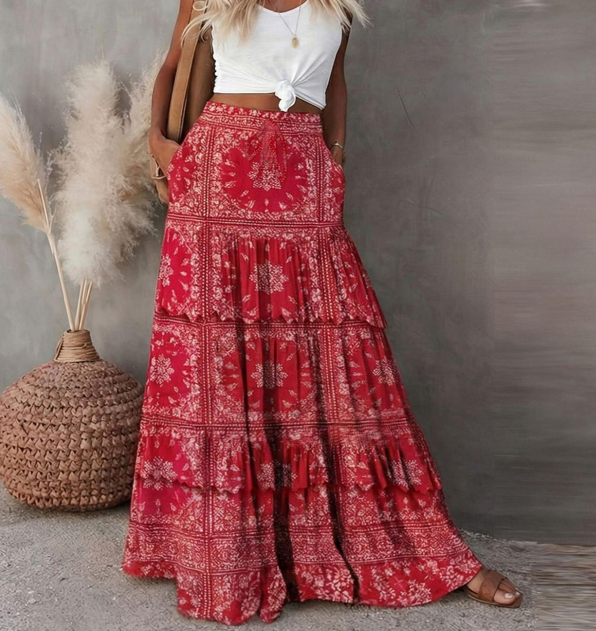 Printed Tiered Maxi Skirt With Elastic Waist - Red