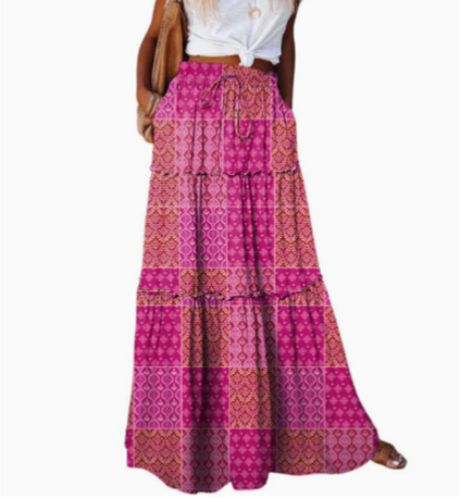 Printed Tiered Maxi Skirt With Elastic Waist - Rose_Red