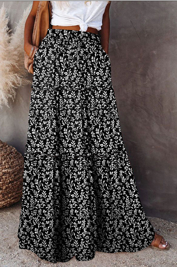 Printed Tiered Maxi Skirt With Elastic Waist - WBlack
