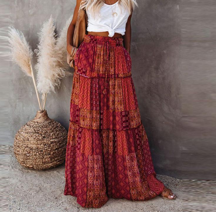 Printed Tiered Maxi Skirt With Elastic Waist - Wine_red