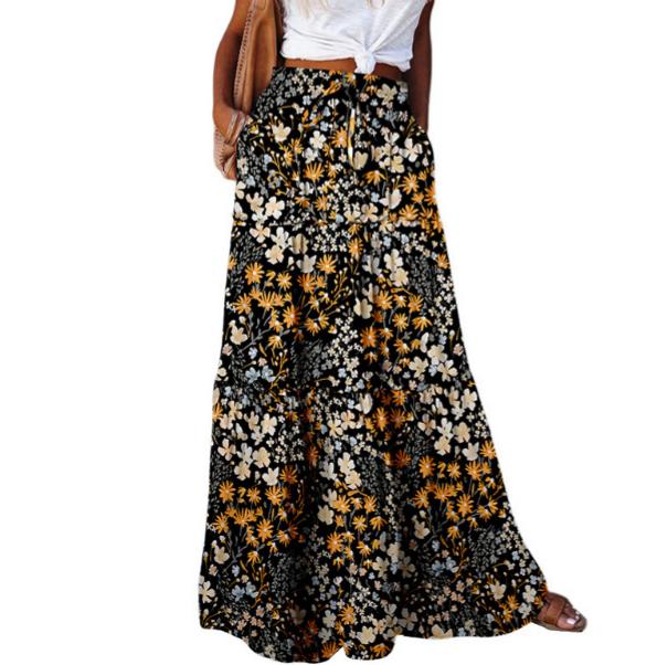 Printed Tiered Maxi Skirt With Elastic Waist - YBlack