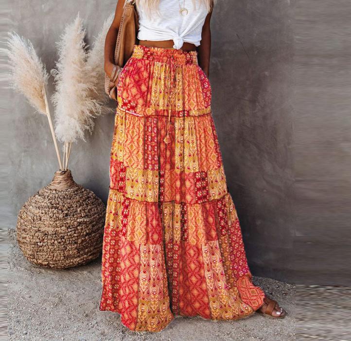 Printed Tiered Maxi Skirt With Elastic Waist - Yellow