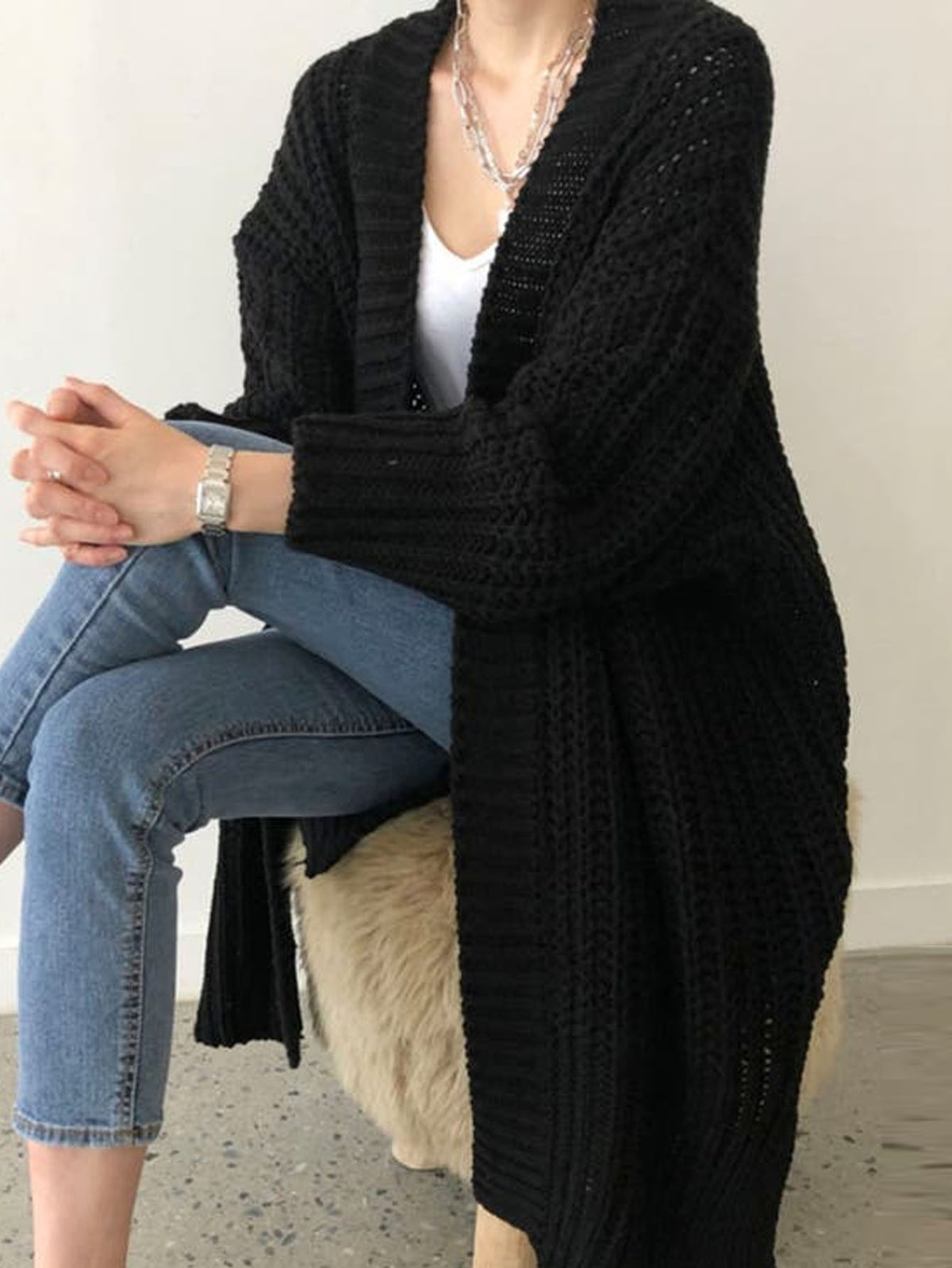 Chunky Knit Open Front Longline Cardigan - Black