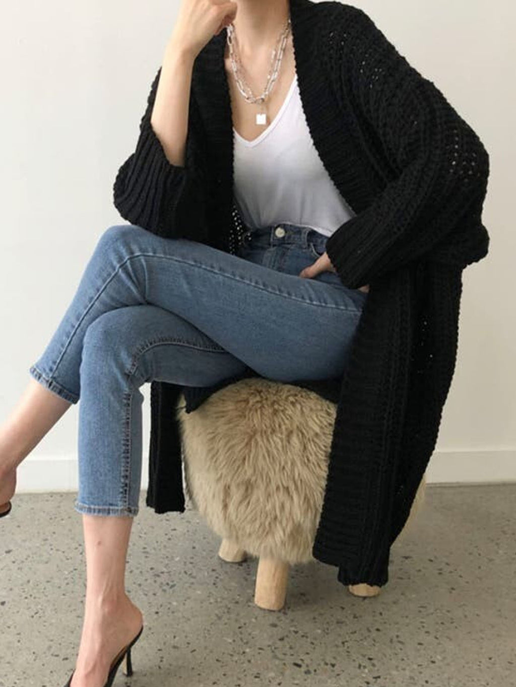 Chunky Knit Open Front Longline Cardigan - Black - 1