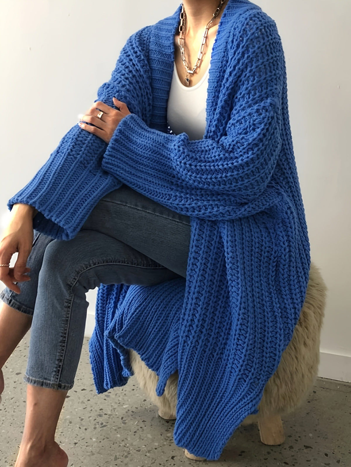 Chunky Knit Open Front Longline Cardigan - Blue